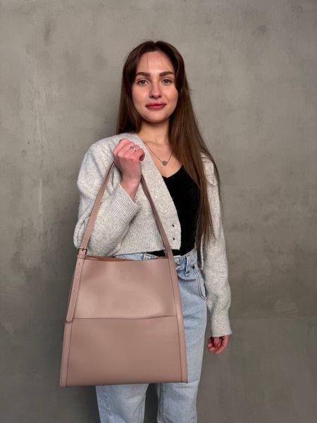 Сумка-шопер з натуральної шкіри Polina & Eiterou бежевого кольору, регульована ручка | Жіноча шкіряна сумка L1010 Apricot фото